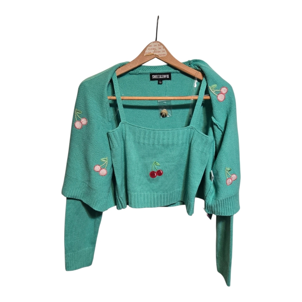 Green Cherry Embroidered Cardigan Set